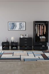 Home Discount Riano 4 Piece Bedroom Set - 1 Drawer Bedside, 4 Drawer Chest, Wardrobe in Black - thumbnail 3