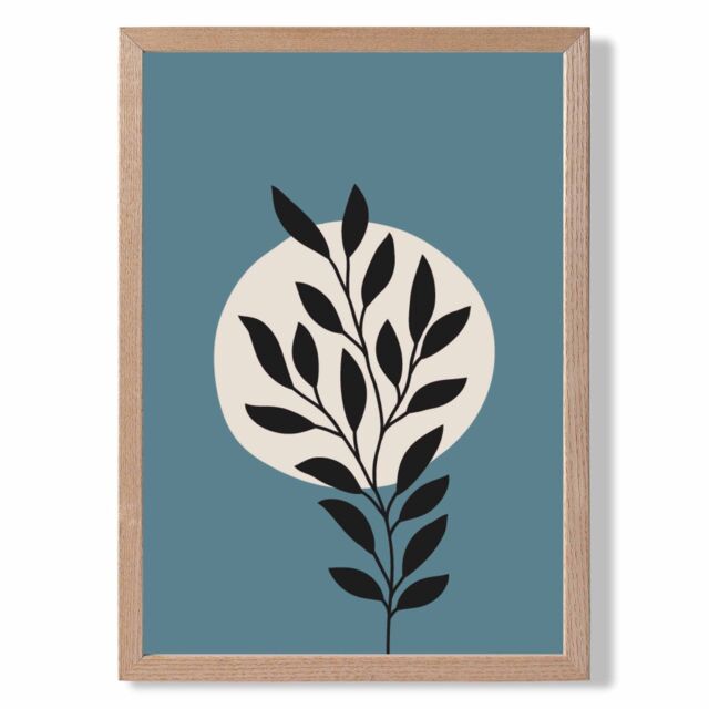 ARTZE Blue & Beige Boho Graphical Floral Framed Print SIZE: A3 with Oak Frame in Mid Blue - image 1