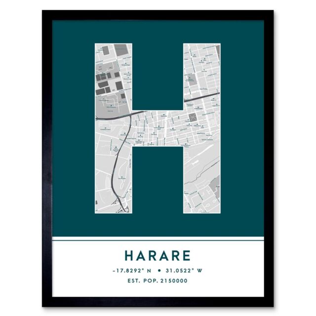 "Wee Blue Coo Wall Art Print Harare Zimbabwe City Map Modern Typography Stylish Letter Framed Word in Teal - Size: W12"" x H16""" - image 1