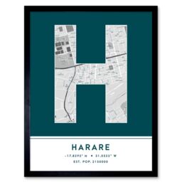 "Wee Blue Coo Wall Art Print Harare Zimbabwe City Map Modern Typography Stylish Letter Framed Word in Teal - Size: W12"" x H16""" - thumbnail 1