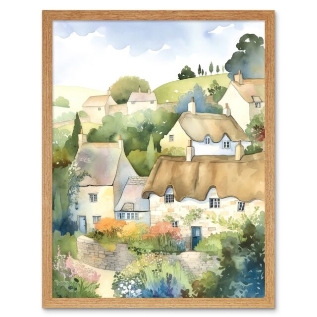 "Artery8 Wall Art Print Thatched Roof Cottage House Village in Soft Pastel Colours Modern Watercolour Painting Art Framed - Size: W12"" x H16""" - image 1