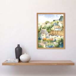 "Artery8 Wall Art Print Thatched Roof Cottage House Village in Soft Pastel Colours Modern Watercolour Painting Art Framed - Size: W12"" x H16""" - thumbnail 2