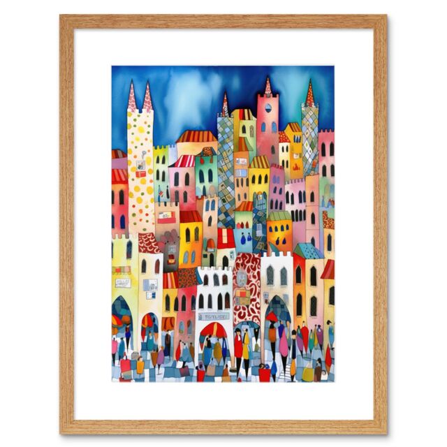 "Artery8 Wall Art Print Busy Street Vertical Cityscape Folk Art Watercolour Painting Artwork Framed 9X7 Inch in Beige - Size: W7"" x H9""" - image 1