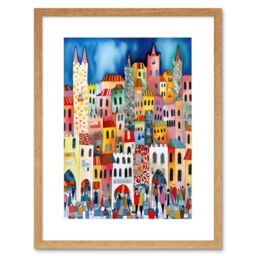 "Artery8 Wall Art Print Busy Street Vertical Cityscape Folk Art Watercolour Painting Artwork Framed 9X7 Inch in Beige - Size: W7"" x H9""" - thumbnail 1