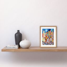 "Artery8 Wall Art Print Busy Street Vertical Cityscape Folk Art Watercolour Painting Artwork Framed 9X7 Inch in Beige - Size: W7"" x H9""" - thumbnail 2