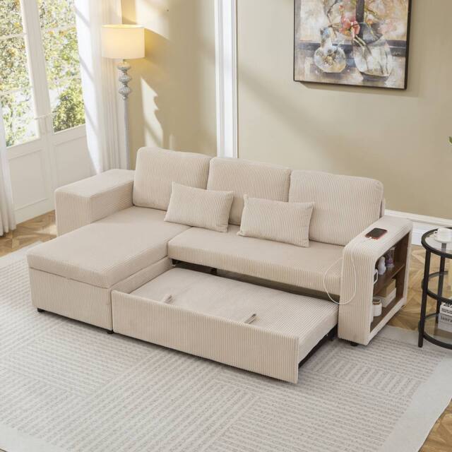 Merax L Shaped Corduroy Convertible Sofa Bed with Storage, Charging Station in Beige - image 1