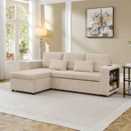 Merax L Shaped Corduroy Convertible Sofa Bed with Storage, Charging Station in Beige - thumbnail 3