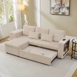 Merax L Shaped Corduroy Convertible Sofa Bed with Storage, Charging Station in Beige - thumbnail 7