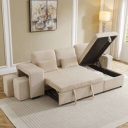 Merax L Shaped Corduroy Convertible Sofa Bed with Storage, Charging Station in Beige - thumbnail 5