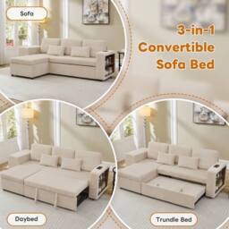 Merax L Shaped Corduroy Convertible Sofa Bed with Storage, Charging Station in Beige - thumbnail 9
