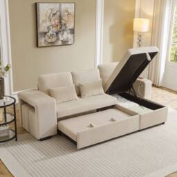 Merax L Shaped Corduroy Convertible Sofa Bed with Storage, Charging Station in Beige - thumbnail 6