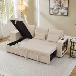 Merax L Shaped Corduroy Convertible Sofa Bed with Storage, Charging Station in Beige - thumbnail 8