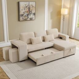Merax L Shaped Corduroy Convertible Sofa Bed with Storage, Charging Station in Beige - thumbnail 4