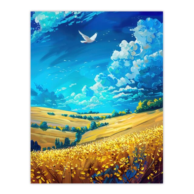 "Artery8 Golden Yellow Wheat Fields Countryside Landscape Wall Art Print in Blue - Size: W24"" x H32""" - image 1