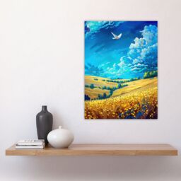 "Artery8 Golden Yellow Wheat Fields Countryside Landscape Wall Art Print in Blue - Size: W24"" x H32""" - thumbnail 4