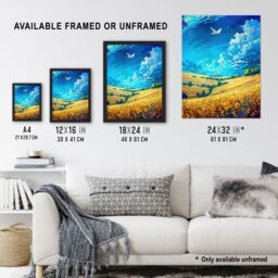 "Artery8 Golden Yellow Wheat Fields Countryside Landscape Wall Art Print in Blue - Size: W24"" x H32""" - thumbnail 3