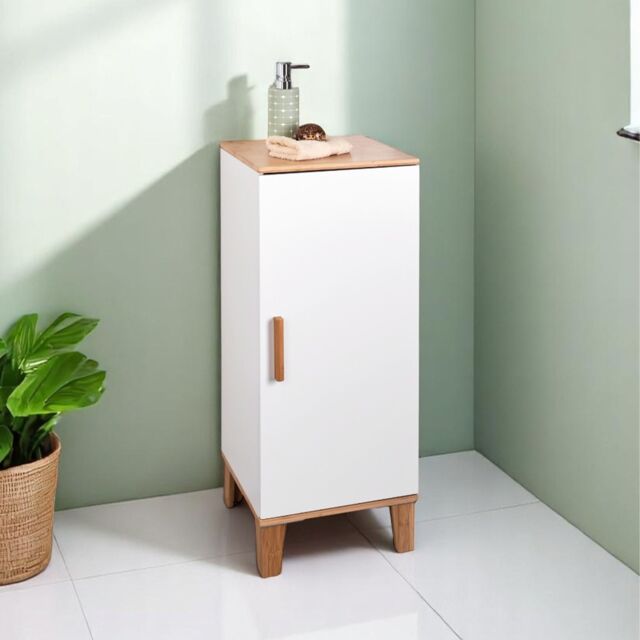 Showerdrape Amalfi Matt White & Bamboo Single Floor Bathroom Cabinet - image 1