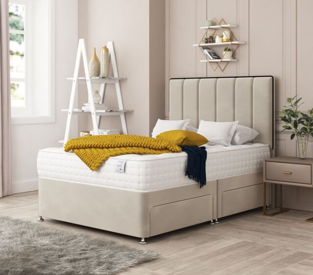 "Bed Choices Herringbone Divan Bed With 2 drawers, Mattress & 26"" Headboard in Cream - Size: Super King"