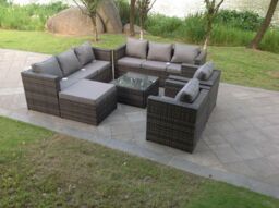 Fimous 9 Seater Dark Grey Mixed Rattan Garden Furniture Sofa Set Table Chair - thumbnail 1