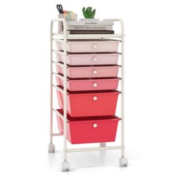 Gymax 6-Drawer Metal Organizer Cart Mobile Rolling Utility Storage Trolley in Pink - thumbnail 1