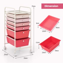 Gymax 6-Drawer Metal Organizer Cart Mobile Rolling Utility Storage Trolley in Pink - thumbnail 2