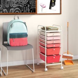 Gymax 6-Drawer Metal Organizer Cart Mobile Rolling Utility Storage Trolley in Pink - thumbnail 4