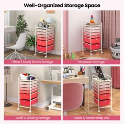 Gymax 6-Drawer Metal Organizer Cart Mobile Rolling Utility Storage Trolley in Pink - thumbnail 6