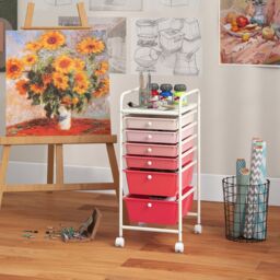 Gymax 6-Drawer Metal Organizer Cart Mobile Rolling Utility Storage Trolley in Pink - thumbnail 5