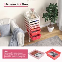 Gymax 6-Drawer Metal Organizer Cart Mobile Rolling Utility Storage Trolley in Pink - thumbnail 8