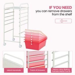 Gymax 6-Drawer Metal Organizer Cart Mobile Rolling Utility Storage Trolley in Pink - thumbnail 7