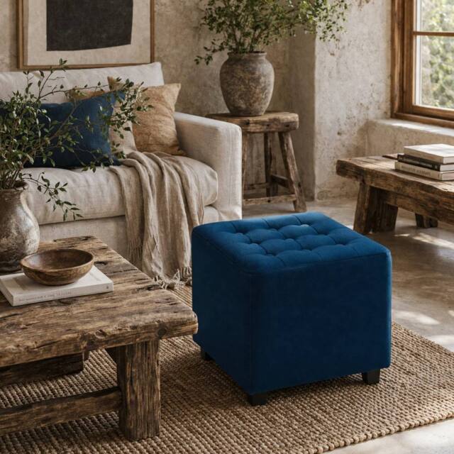 Wyld Haus Dimano Velvet Feel Blue Square Ottoman Diamond Tufted - image 1