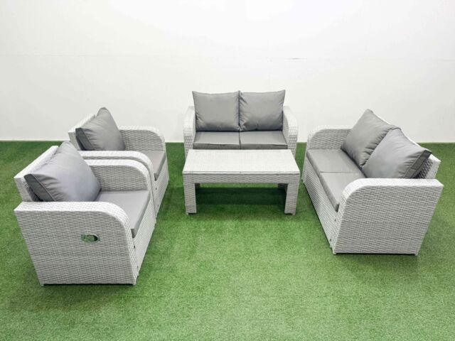Fimous 6 Seater Outdoor Reclining Chair Love Sofa Set Rattan Garden Furniture Set with Oblong Coffee Table Light Grey - image 1