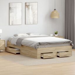 Berkfield Home Bed Frame with Drawers Sonoma Oak 120x190 cm Engineered Wood in Beige - thumbnail 1