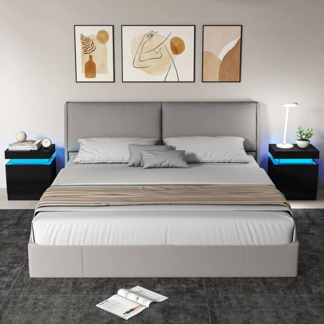 HOMCOM High Gloss Bedside Table with LED Light & 2 Drawers, Set of 2, Black - image 1