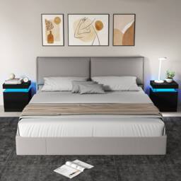 HOMCOM High Gloss Bedside Table with LED Light & 2 Drawers, Set of 2, Black - thumbnail 1