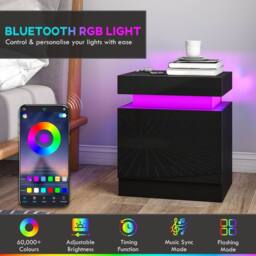 HOMCOM High Gloss Bedside Table with LED Light & 2 Drawers, Set of 2, Black - thumbnail 4