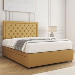 "BSSPOKE Nova Plush Velvet Divan Bed Set 24"" Headboard & 4 Drawers & Mattress in Mustard - Size: Super King" - thumbnail 3