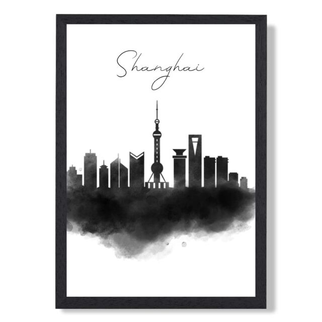 ARTZE Shanghai Watercolour Skyline City Framed Print SIZE: A2 with Black Frame - Size: A4 - image 1