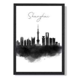 ARTZE Shanghai Watercolour Skyline City Framed Print SIZE: A2 with Black Frame - Size: A4 - thumbnail 1