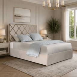 Casani Sudborough Upholstered Soft Velvet Beige Metal Designer Bed Frame in Cream - Size: Small Double - thumbnail 1