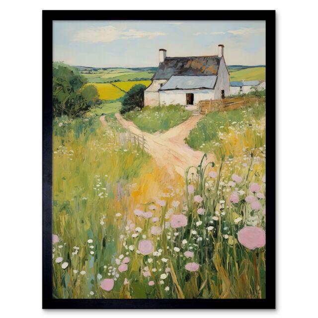 "Artery8 Wall Art Print Country Farmhouse Cottage Scene Traditional Landscape Oil Painting Meadows Countryside Summer Art Framed - Size: W12"" x H16""" - image 1