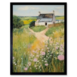 "Artery8 Wall Art Print Country Farmhouse Cottage Scene Traditional Landscape Oil Painting Meadows Countryside Summer Art Framed - Size: W12"" x H16""" - thumbnail 1