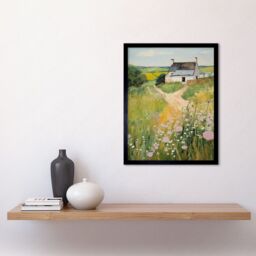 "Artery8 Wall Art Print Country Farmhouse Cottage Scene Traditional Landscape Oil Painting Meadows Countryside Summer Art Framed - Size: W12"" x H16""" - thumbnail 2