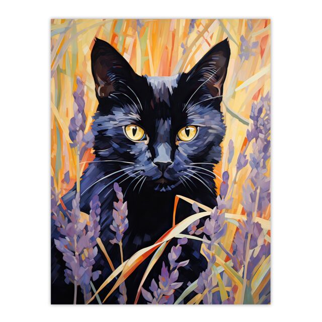 "Artery8 Wall Art Print Black Cat in Lavender Meadow Floral Animal Portrait Poster - Size: W18"" x H24""" - image 1