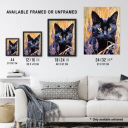 "Artery8 Wall Art Print Black Cat in Lavender Meadow Floral Animal Portrait Poster - Size: W18"" x H24""" - thumbnail 3