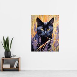 "Artery8 Wall Art Print Black Cat in Lavender Meadow Floral Animal Portrait Poster - Size: W18"" x H24""" - thumbnail 4