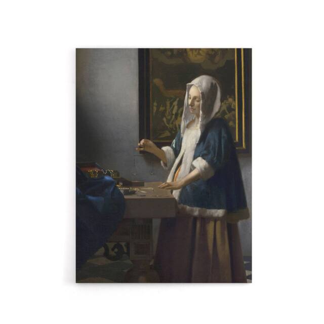 "Artery8 Woman Holding a Balance Vermeer Vintage Canvas Wall Art in Grey - Size: W18"" x H24""" - image 1