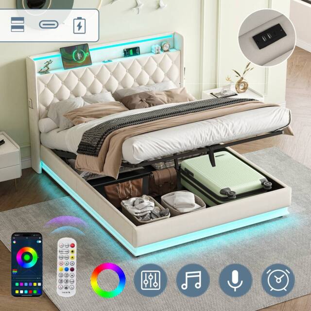 Matteo 4ft6 Double Upholstered Ottoman Bed - Hydraulic Storage & LED - Beige - image 1