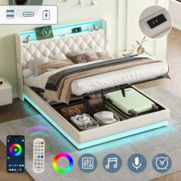 Matteo 4ft6 Double Upholstered Ottoman Bed - Hydraulic Storage & LED - Beige - thumbnail 1