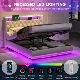 Matteo 4ft6 Double Upholstered Ottoman Bed - Hydraulic Storage & LED - Beige - thumbnail 6